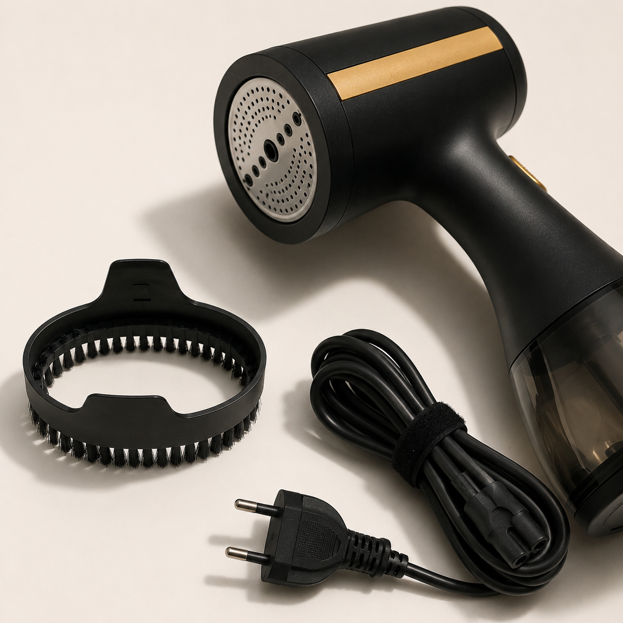 Défroisseur vapeur LISSO de trois-quarts arrière, bouton vapeur doré