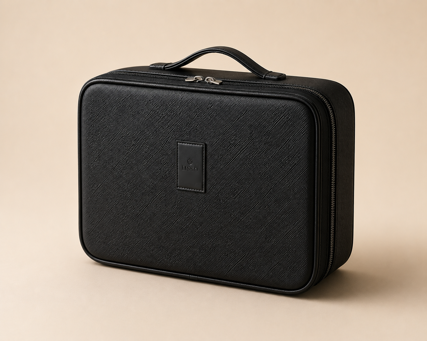 Coffret de rangement LISSO noir, texture saffiano et patch logo gravé