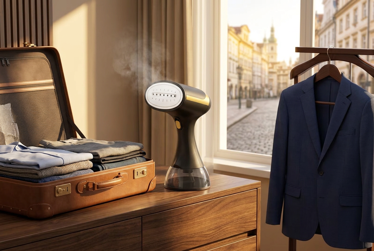 Défroisseur vapeur portable LISSO dans une chambre d'hôtel, valise ouverte et veste sur cintre